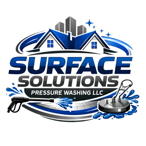 Surface Solutions Pressure Washing LLC logo with buildings, houses, and cleaning equipment