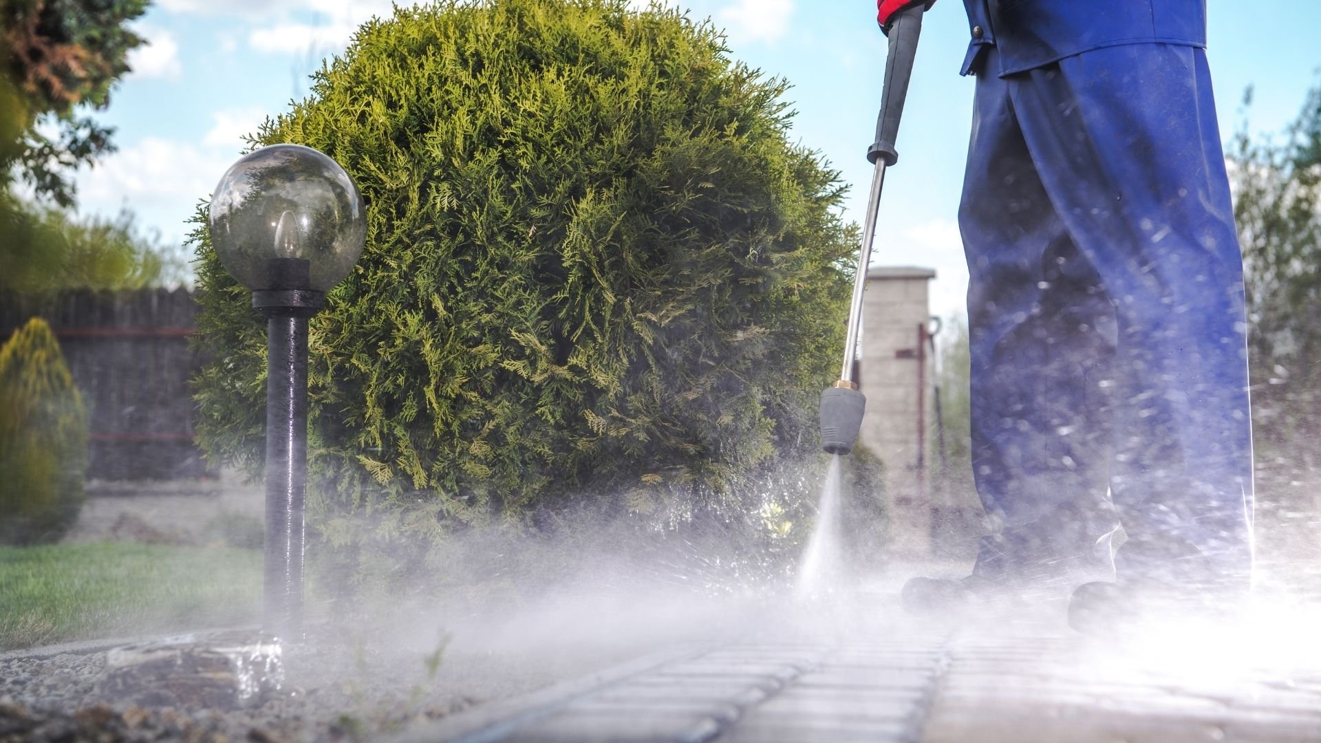Person power washing paved area next to manicured green hedge and lamp post