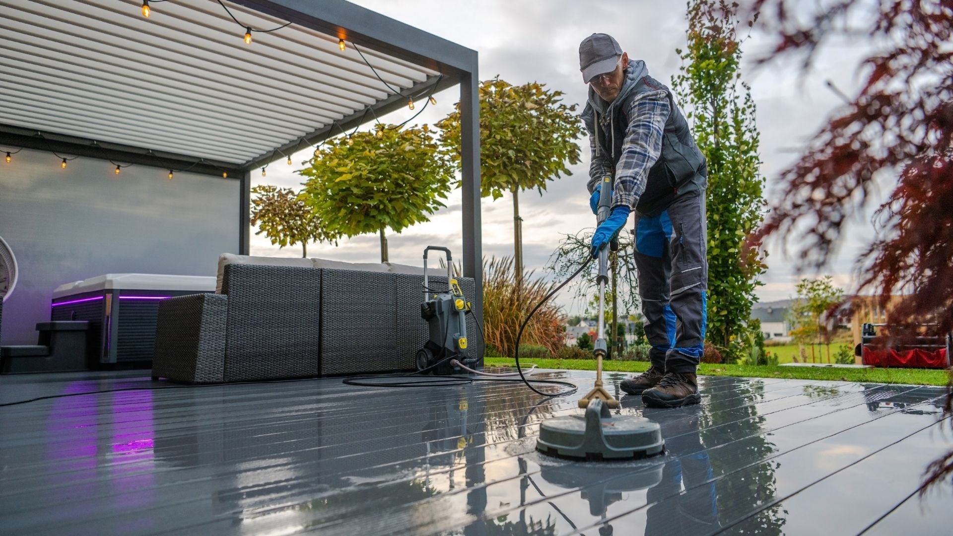 Worker pressure washing outdoor patio with modern pergola and landscaping