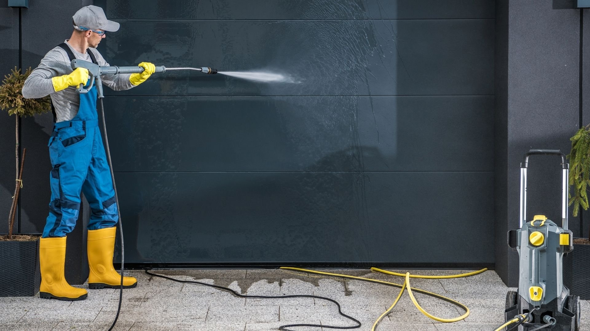 Worker in blue overalls and yellow gloves pressure washing dark wall with hose
