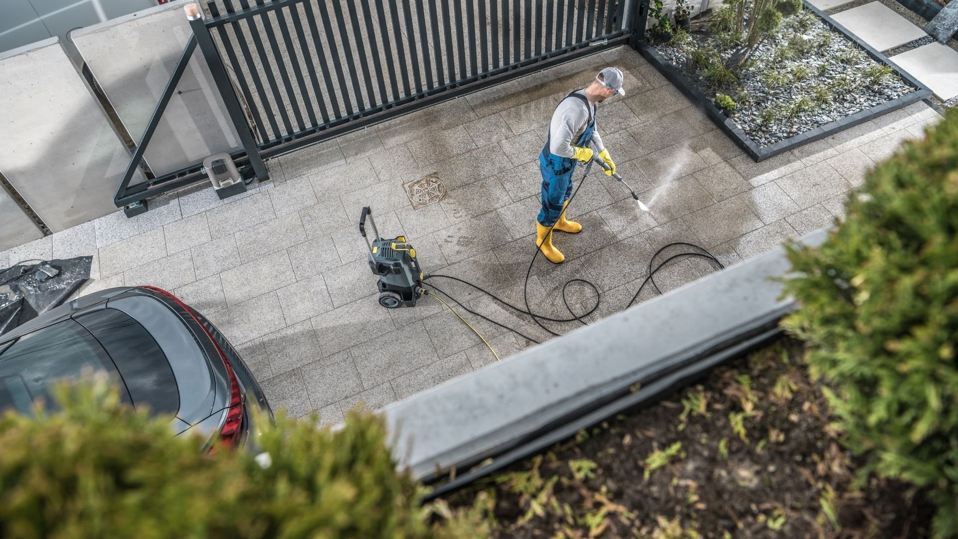 Worker pressure washing driveway with equipment and hose in residential courtyard area.
