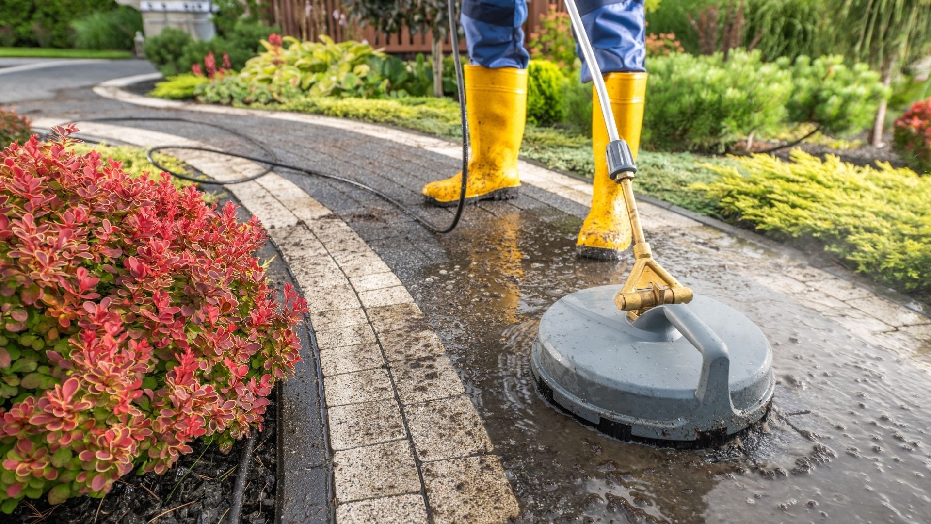 Person in yellow boots power washing a driveway with flowers and landscaping nearby