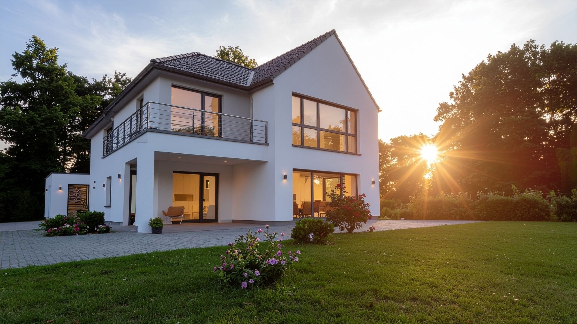 Modern white two-story house with dark roof, balcony, and garden at sunset